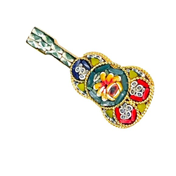 Vintage Micro Mosaic Italian Guitar Shaped Brooch Pin - Picture 1 of 6